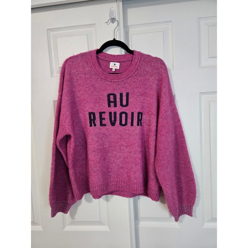 Sundry Au Revoir Graphic Knit Sweater Magenta Pink Womens XL Crew Neck Pullover